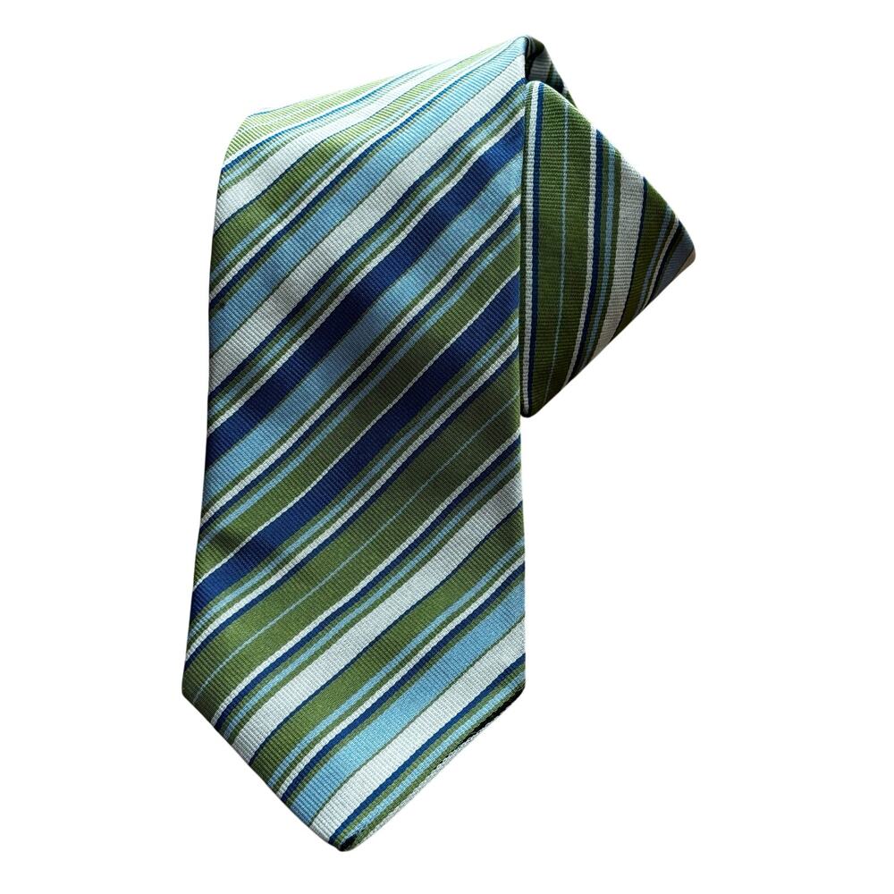 Vintage Burberry London long silk necktie green blue stripe hand made in England - Picture 5 of 13